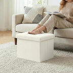 16.5" Folding Storage Ottoman, Linen Fabric Footstool with Padded Lid, Collapsible Storage Footrest for Small Space, Living Room, Bedroom, Dorm, Off White