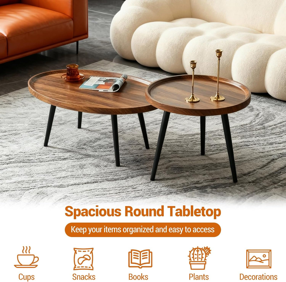Nesting Coffee Table Set of 2-Mid Century Modern Guitar Pick Stacking Tables with Solid Wood Legs-Waterproof Circle Center Table for Living Room Bedroom Balcony
