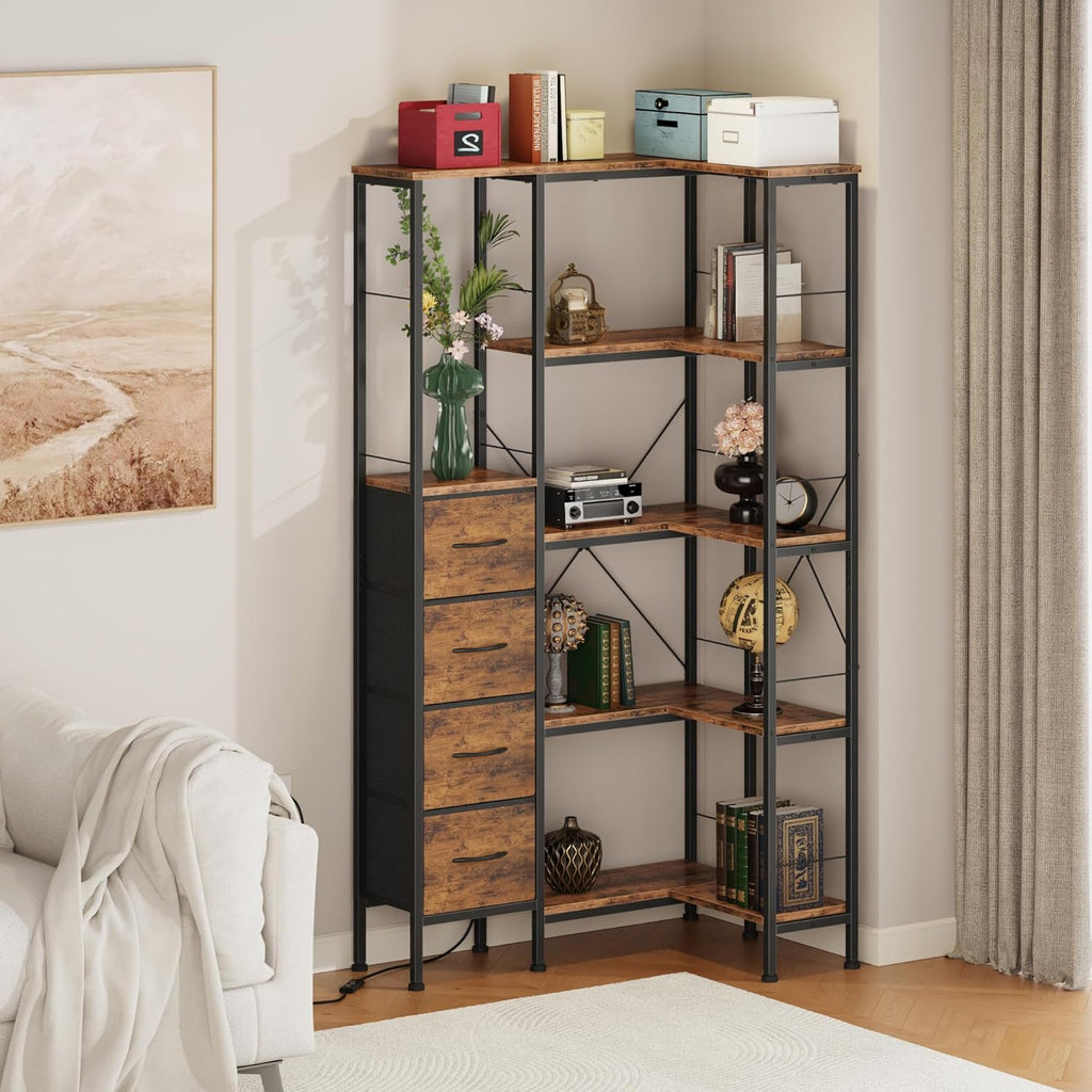 AFLUI 5-Tier Corner Bookshelf with LED Light Strips, 4 Fabric Drawers
