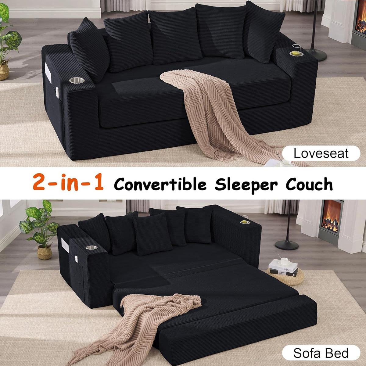 76" Convertible Sofa Bed, Corduroy Couch with Cup Holders & Pocket | 2-in-1 Sleeper Sofa, Pull-out Couch Bed with 5 Pillows, Living Room, Small Spaces, Bedroom, No Assembly