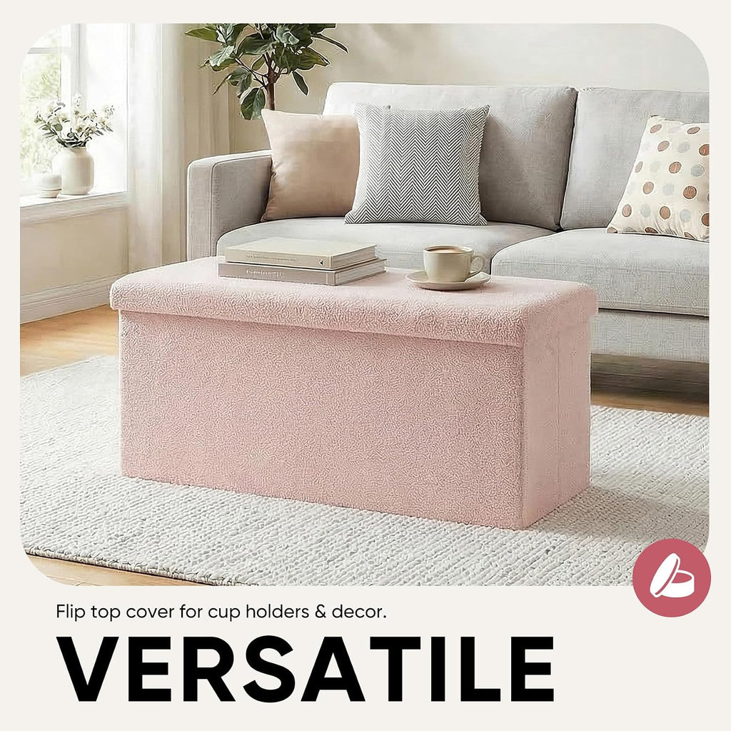 30 Inches Storage Ottoman Bench - Square Ottoman with Sherpa Top,Storage Bench for Bedroom 30" L x 15" W x 15" H - Pink