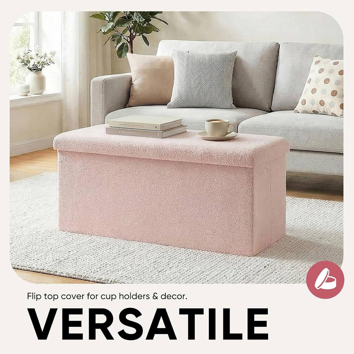 30 Inches Storage Ottoman Bench - Square Ottoman with Sherpa Top,Storage Bench for Bedroom 30" L x 15" W x 15" H - Pink