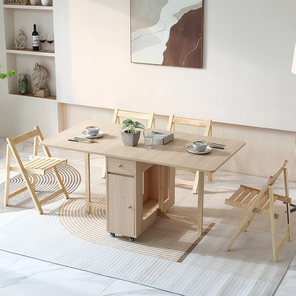 COMUHOME Drop Leaf Folding Dining Table with Storage, Wheels, Space Saving | Foldable Design, 18mm Thick Plywood, 300 lbs Capacity, Locking Wheels, Farmhouse Style, for Living Room Kitchen Small Spaces