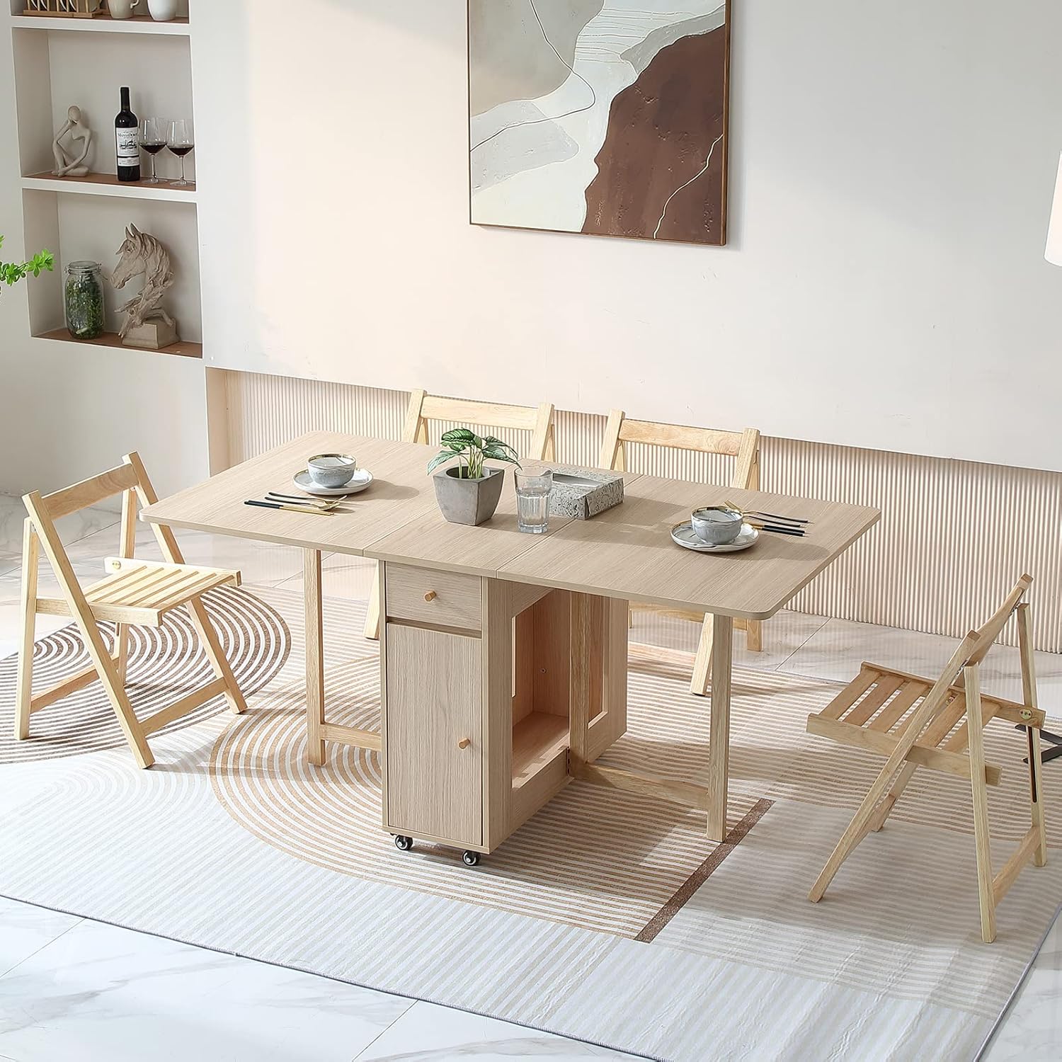 COMUHOME Drop Leaf Folding Dining Table with Storage, Wheels, Space Saving | Foldable Design, 18mm Thick Plywood, 300 lbs Capacity, Locking Wheels, Farmhouse Style, for Living Room Kitchen Small Spaces