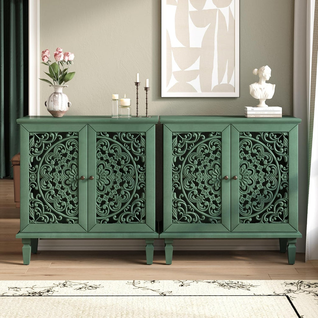 Sideboard Buffet Cabinet with Storage, Accent Cabinet with 2 Carved Doors and Adjustable Shelf, Farmhosue Console Table with Solid Wood Legs, Symmetrical Floral Design, Antique Green