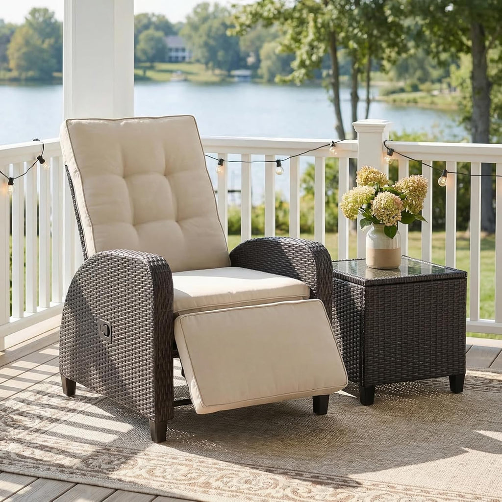 Green4ever Outdoor Patio Recliner with Adjustable Backrest and Footrest, All-Weather Wicker Patio Chair with Side Table, 160° Lay Flat Patio Reclining Lounge Chair for Garden Backyard, Beige