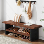 47" Solid Wood Entryway Bench with Shoe Storage, 2-Tier Modern Farmhouse Hallway Bench with Open Shelf for Bedroom, Dining Room, Mudroom, Easy Assembly, Dark Walnut & Black