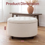 28" Round Storage Ottoman, Tufted Coffee Table for Living Room,Beige | Chenille Upholstered Footrest with Removable-Top & Wood Leg Large Footstool