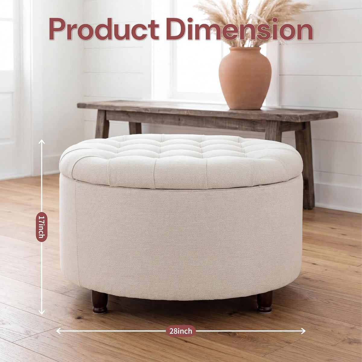 28" Round Storage Ottoman, Tufted Coffee Table for Living Room,Beige | Chenille Upholstered Footrest with Removable-Top & Wood Leg Large Footstool