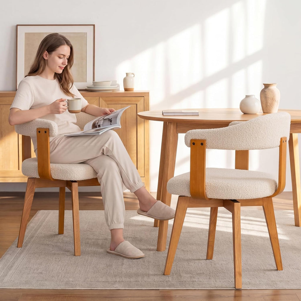 EYYTHUNG Swivel Dining Chairs Set of 2, Mid Century Modern Boucle Dining Chairs with Arms and Wood Legs,Upholstered Kitchen Chairs for Kitchen, Dining Room, Living Room, White and Dark Oak