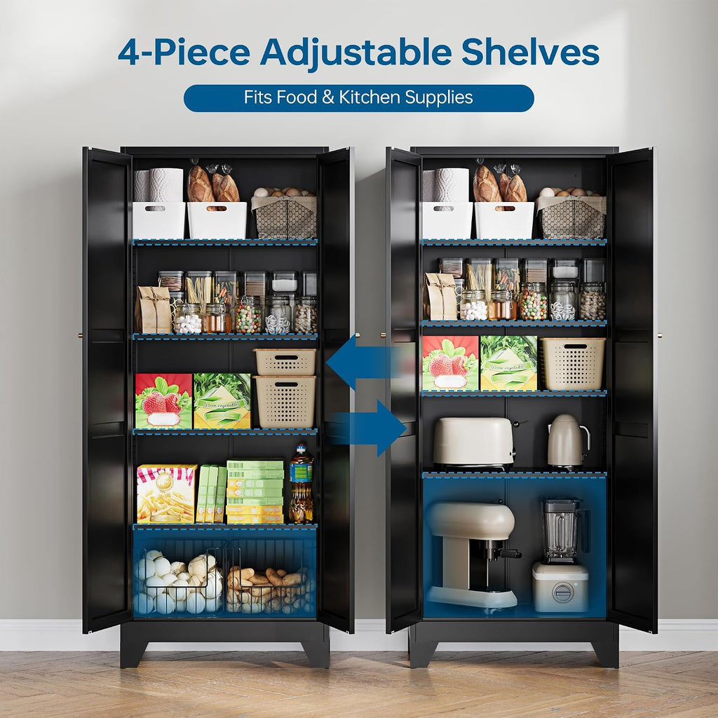 PEUKC 75" Farmhouse Metal Storage Cabinet with Doors and 4 Adjustable Shelves, Large Pantry Organizer for Kitchen, Dining Room, and Living Room,Assemble Require(Black)
