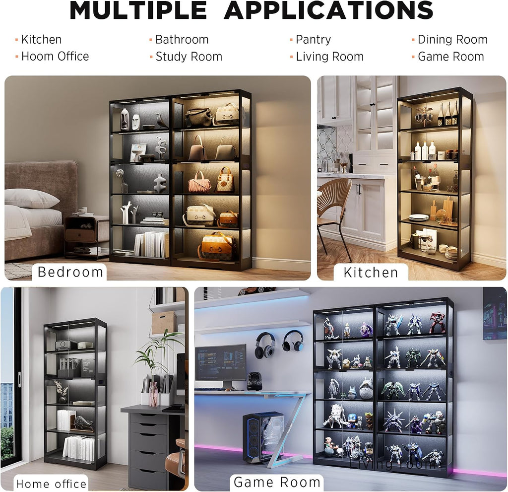 Display Cabinet with Glass Doors, 5-Tier 65" Glass Display Cabinet with LED 3-Color Lights & Human Body Sensor, Curio Cabinet with Textured Wood Shelves for Collectibles, Black Wood Frame