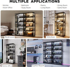 Display Cabinet with Glass Doors, 5-Tier 65" Glass Display Cabinet with LED 3-Color Lights & Human Body Sensor, Curio Cabinet with Textured Wood Shelves for Collectibles, Black Wood Frame