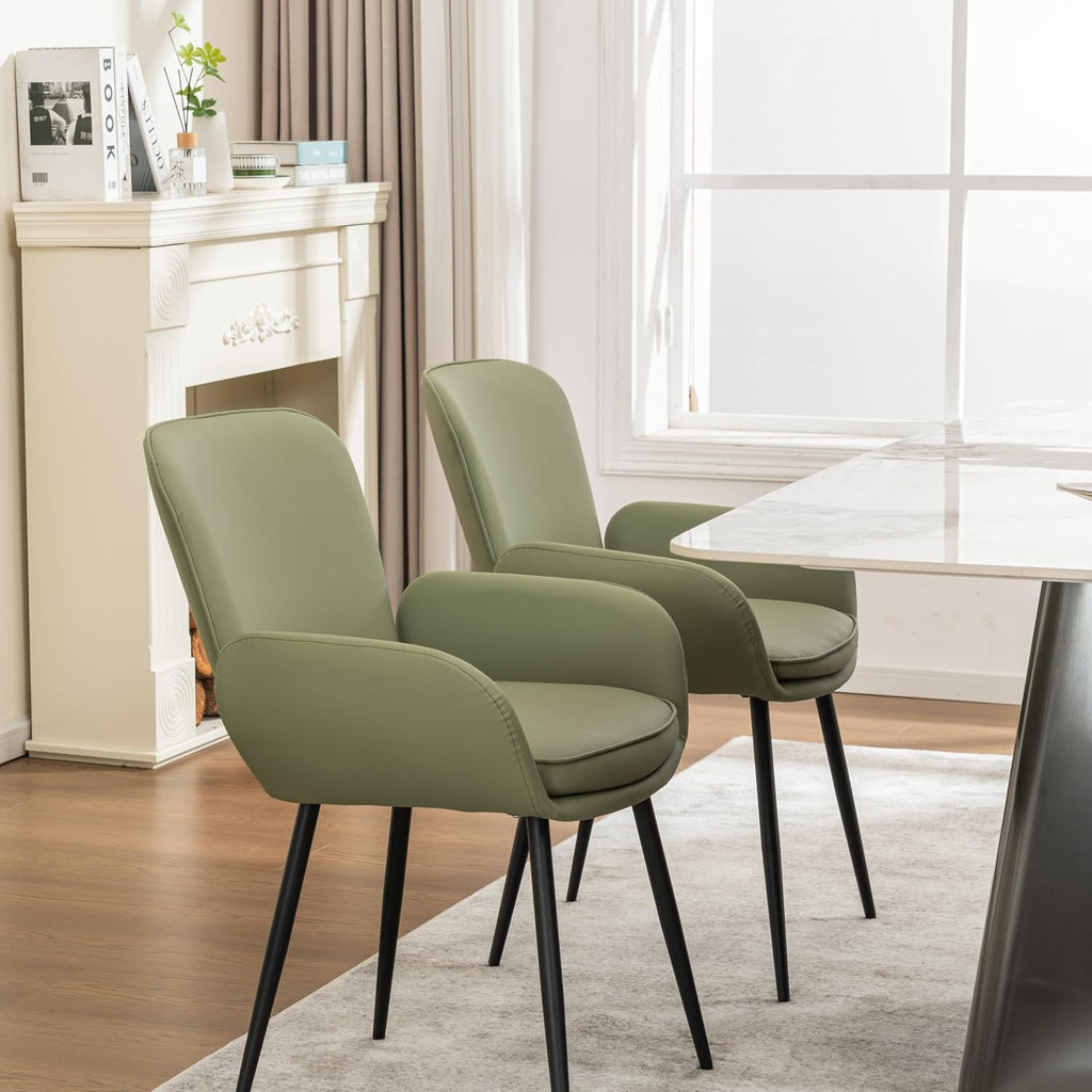 VKNOW Modern Faux Leather Dining Chairs Set of 4 with Armrest, Green | Armed Dining Room Chairs with Metal Legs, Kitchen Chairs for Restaurant Kitchen Living Room