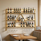 SEIFE Wall Mounted Bar Shelves with LED Lights, 3-Tier Industrial Metal Liquor Bottle Display Shelf with Wine Glass Rack, Floating Bar Cabinet for Home, Kitchen, Living Room(Gold,39.3in/100cm)