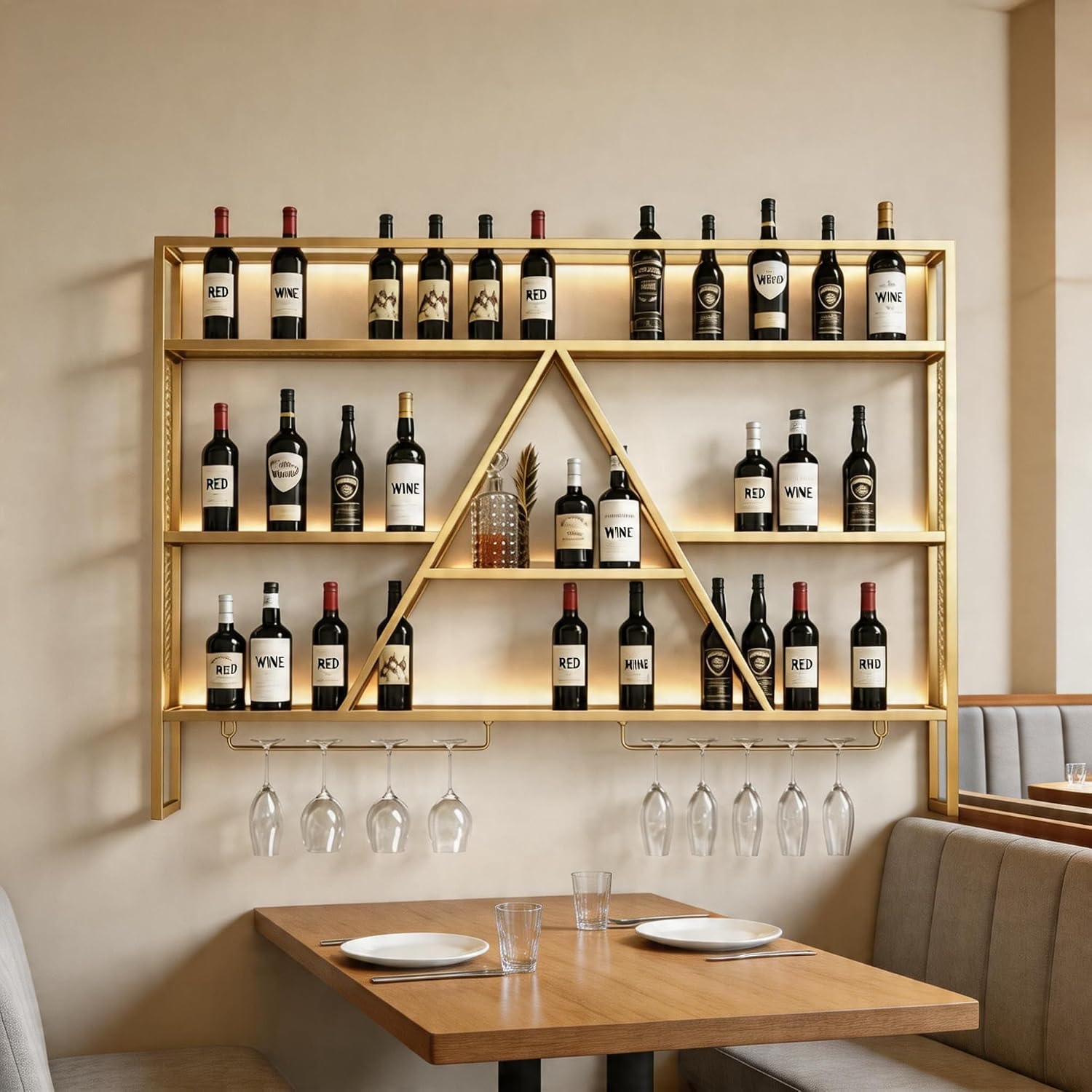 SEIFE Wall Mounted Bar Shelves with LED Lights, 3-Tier Industrial Metal Liquor Bottle Display Shelf with Wine Glass Rack, Floating Bar Cabinet for Home, Kitchen, Living Room(Gold,39.3in/100cm)