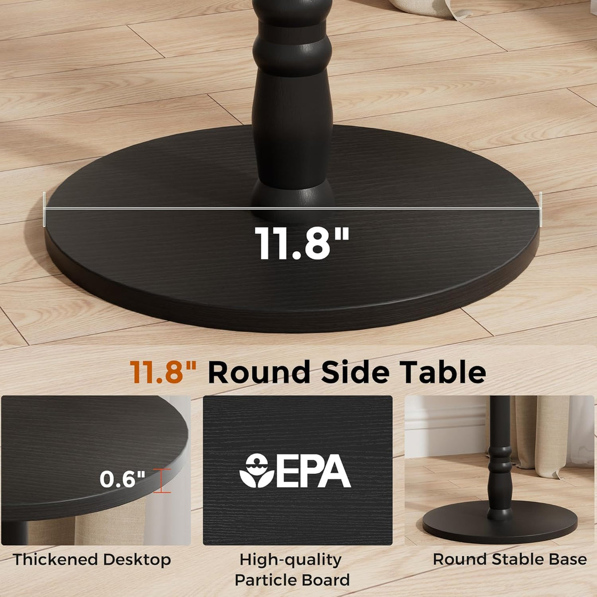 Homleke 12" Round Side Table, Solid Wood Pillar with Wood Top & Base, Small Drink Accent Table for Living Room, Bedroom, Sofa & Office, Easy Assembly, Black