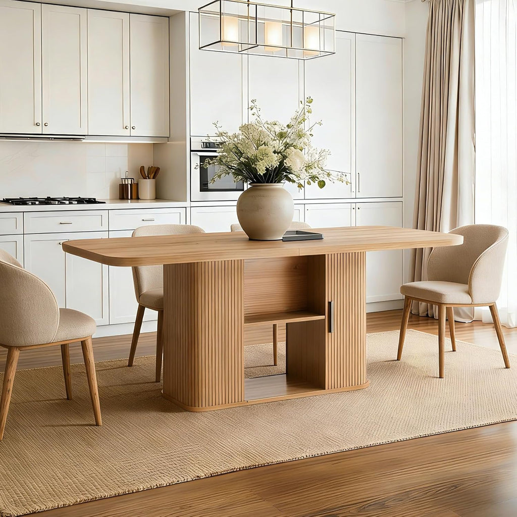 SUNCOZE 70.9" Oval Dining Table for 4-6 People, Large Farmhouse Kitchen Table with Open Storage Base, Fluted Mid-Century Modern Kitchen and Dining Room Furniture, Wood