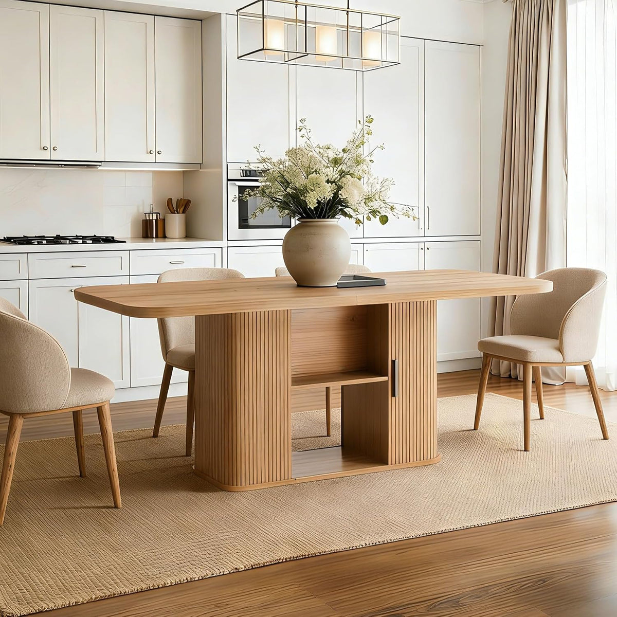 SUNCOZE 70.9" Oval Dining Table for 4-6 People, Large Farmhouse Kitchen Table with Open Storage Base, Fluted Mid-Century Modern Kitchen and Dining Room Furniture, Wood