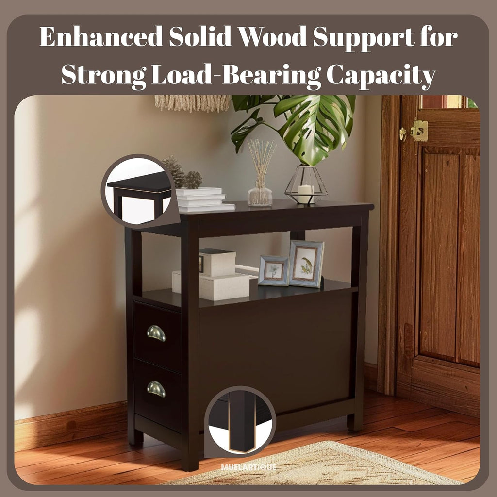 Narrow End Table with Two Drawers & Open Shelf - Brown Nightstand/Side Table for Living Room, Bedroom