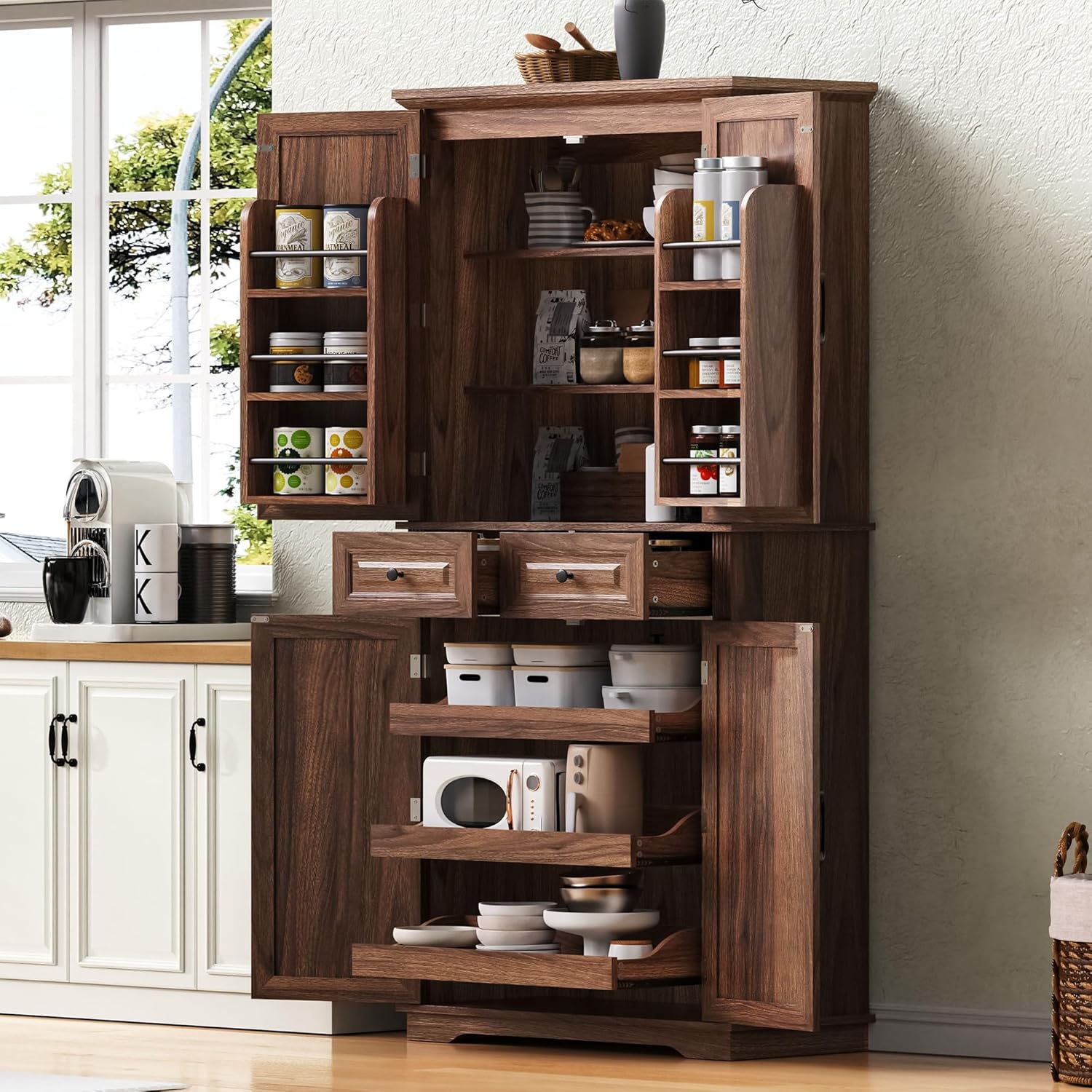 71" Tall Kitchen Pantry Cabinet, Freestanding Storage Cupboard with 3 Pull-Out Organizers, 6 Door Shelves & 2 Drawers, Embossed Texture Finish, for Kitchen Dining Room (Brown 4 doors 2 drawers +MDF)