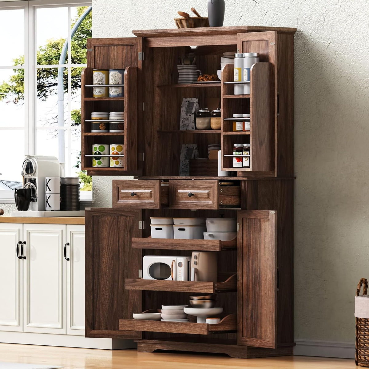 71" Tall Mid-Century Modern Kitchen Pantry with 3 Pull-Out Cabinets & 2 Drawers, Farmhouse Storage Cabinet with 6 Door Shelves & 2 Adjustable Shelves, Freestanding Cupboard for Dining Room ,Brown