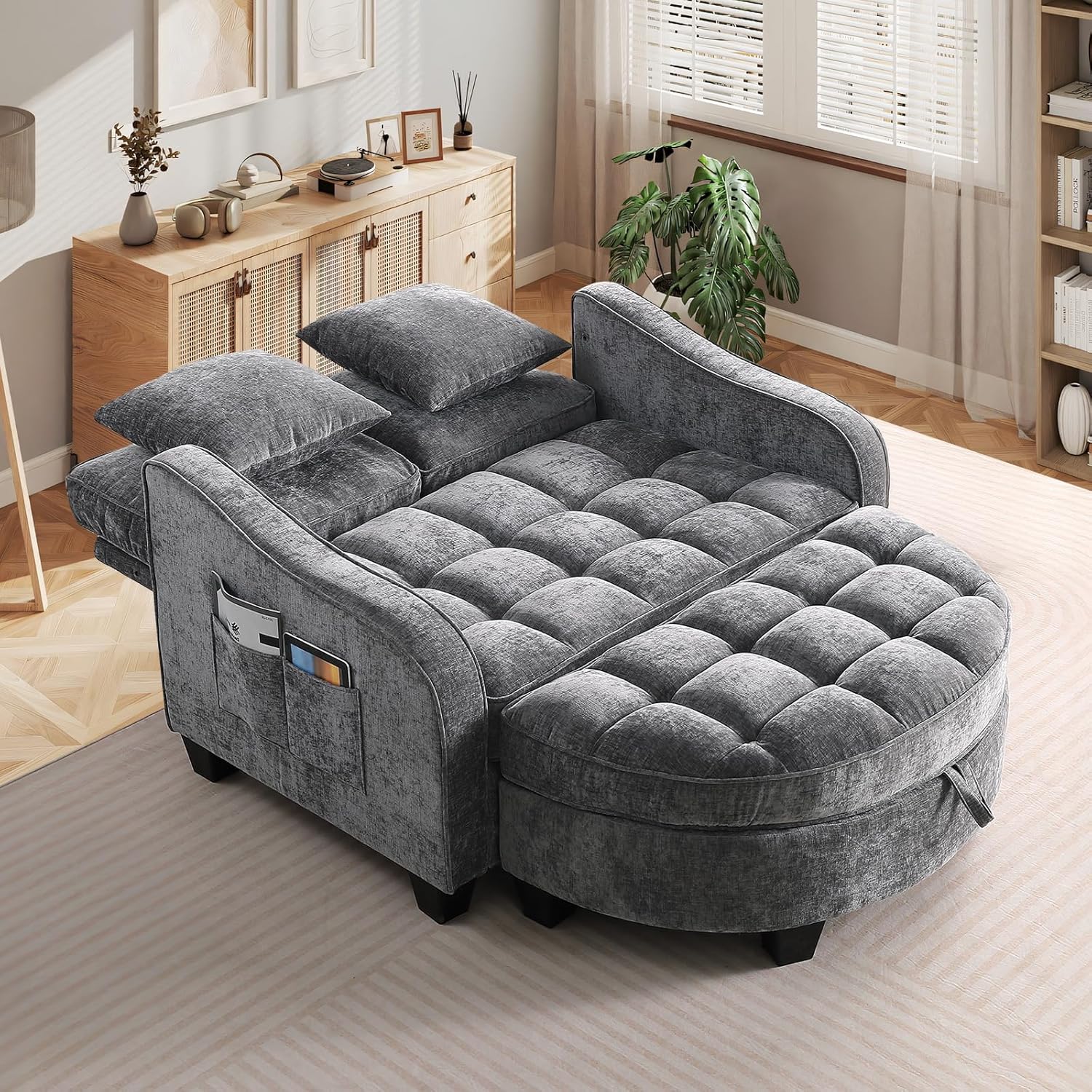 Oversized Chaise Lounge Chair Indoor with Ottoman, Chenille Tufted Comfy Loveseat Sofa Chair with Adjustable Backrest, Fluffy Recliner Sofa, Convertible Couch Sleeper Bed for Living Room(51"W, Grey)