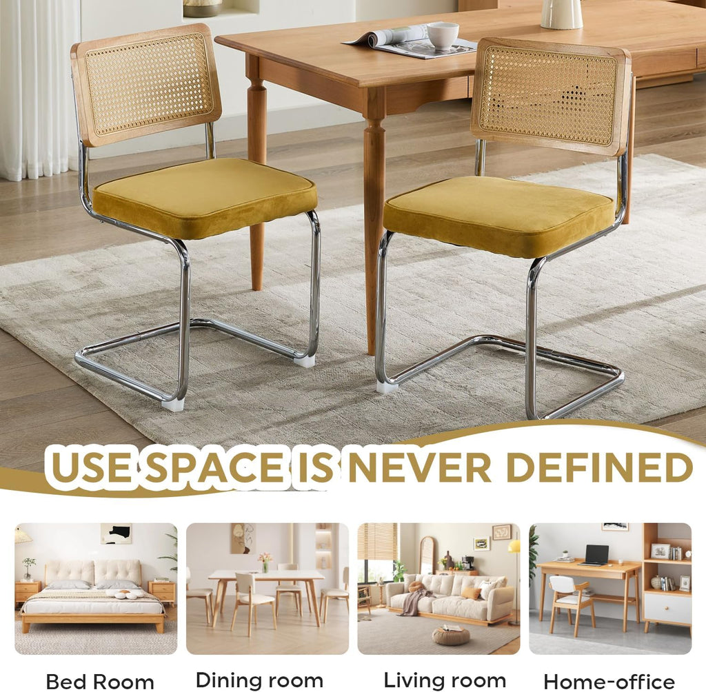 Rattan Dining Chairs Set of 2, Mid Century Kitchen Chairs with Natural Mesh Rattan Backrest & Metal Chrome Legs, Cesca Design Velvet Dining Room Chairs for Kitchen, Gold Yellow(Chair Only)