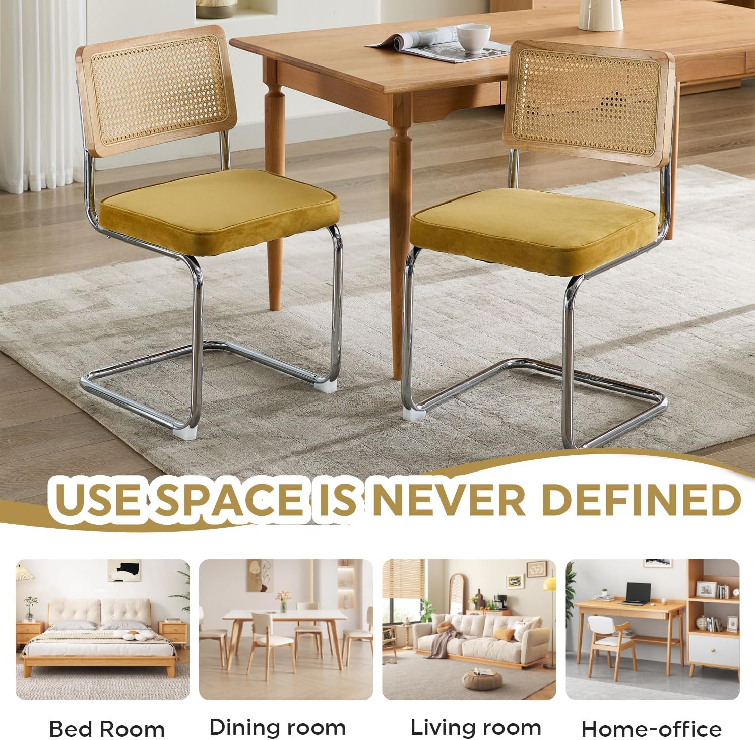 Rattan Dining Chairs Set of 2, Mid Century Kitchen Chairs with Natural Mesh Rattan Backrest & Metal Chrome Legs, Cesca Design Velvet Dining Room Chairs for Kitchen, Gold Yellow(Chair Only)