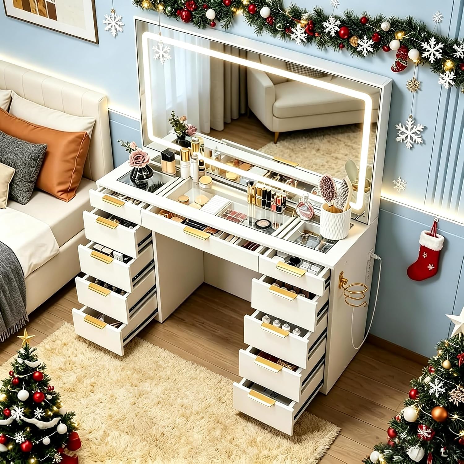 Pamapic Glass Top Vanity Desk with Mirror and Lights, 11 Drawers Makeup Vanity with Charging Station, Golden Handles Dressing Table, 3 Lighting Modes Makeup Table, White