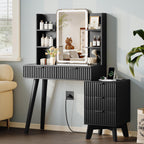 Vanity Desk With HD Lighted Mirror and Lights, Fluted Small Makeup Vanity with Storage Drawers & Shelves, Modern Dressing Table Set with Power Outlet & Glass Table Top for Women Girls Bedroom, Black