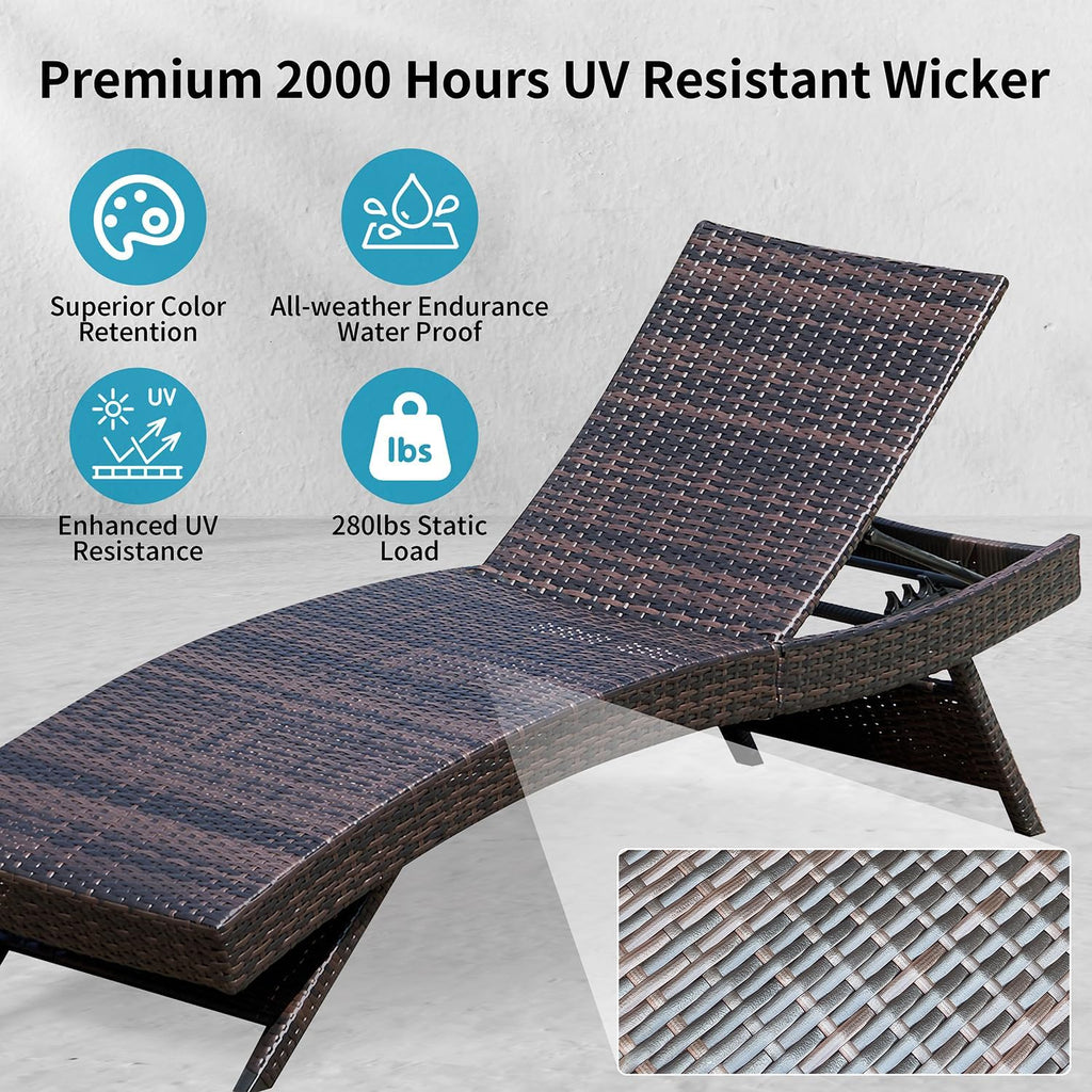 Set of Foldable Long Reclining Patio Seating Chairs, 2 Folding Chairs Patio Chaise Lounge, Outdoor Wicker Lounge Chaise, Rattan Chaise Lounge Lawn Sunbathing Recliner Beach Pool Backrest Recliners