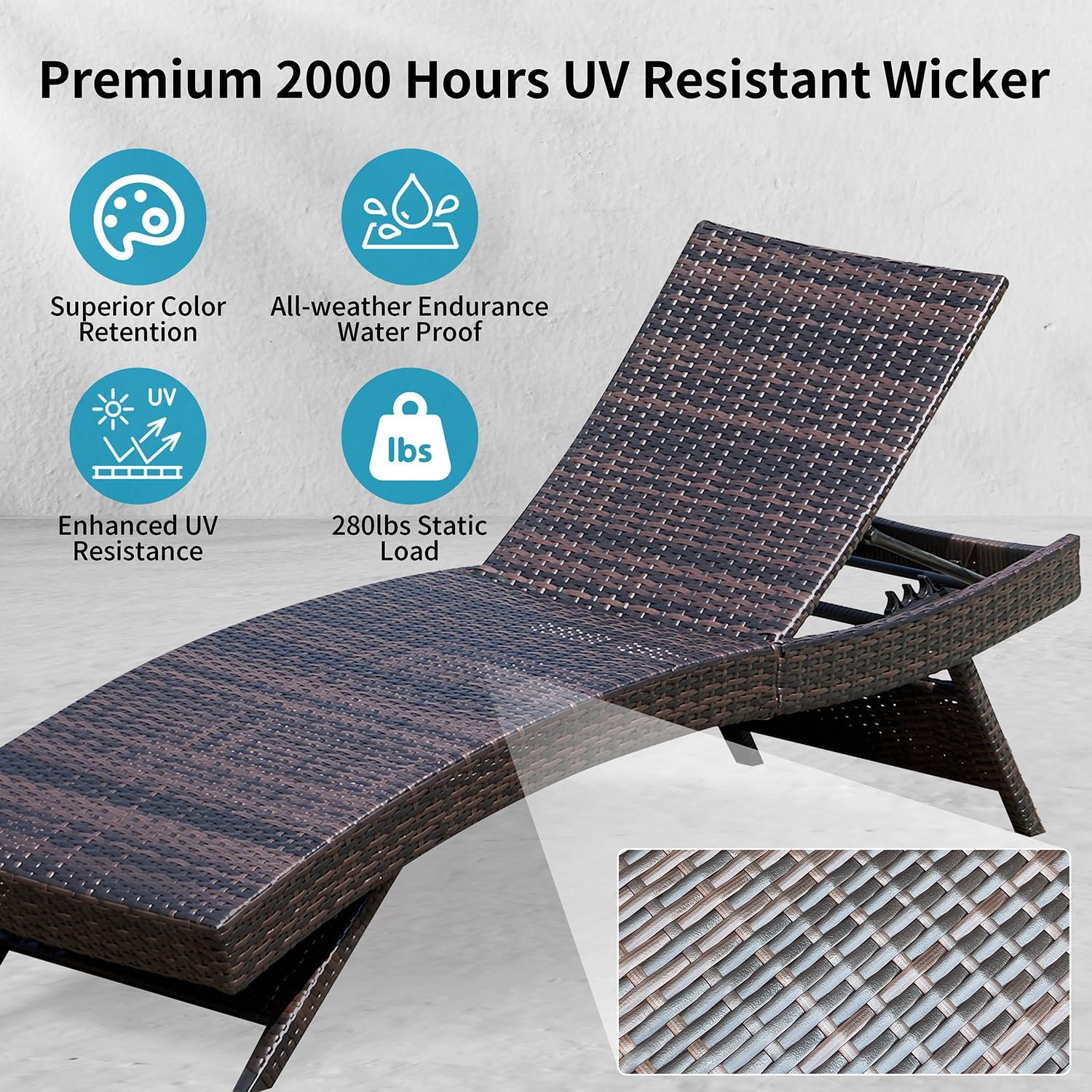 Set of Foldable Long Reclining Patio Seating Chairs, 2 Folding Chairs Patio Chaise Lounge, Outdoor Wicker Lounge Chaise, Rattan Chaise Lounge Lawn Sunbathing Recliner Beach Pool Backrest Recliners