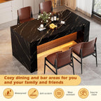 63" Modern Imitation Marble Stripes Kitchen Dining Table, Black Island Table with Grille Design and LED Lights for 4-6 People, Large Imitation Marble Dining Table for Home Kitchen Living Room.