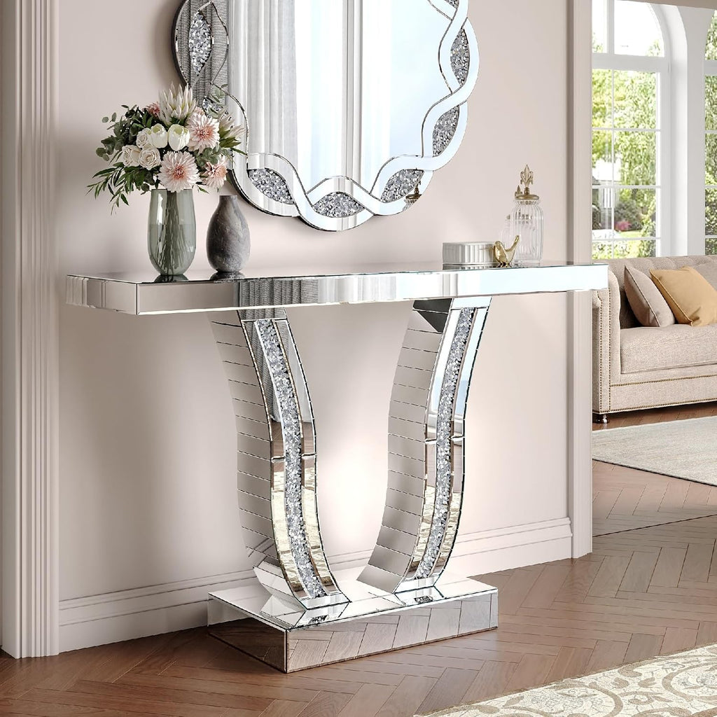 43.3'' Mirrored Console Table Silver Mirrored Entryway Sofa Table for Living Room Office, Curved Design Crystal Accent, Modern Entryway Console Desk for Hallway Entrance, 43''x12'' Glass Top