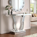 43.3'' Mirrored Console Table Silver Mirrored Entryway Sofa Table for Living Room Office, Curved Design Crystal Accent, Modern Entryway Console Desk for Hallway Entrance, 43''x12'' Glass Top