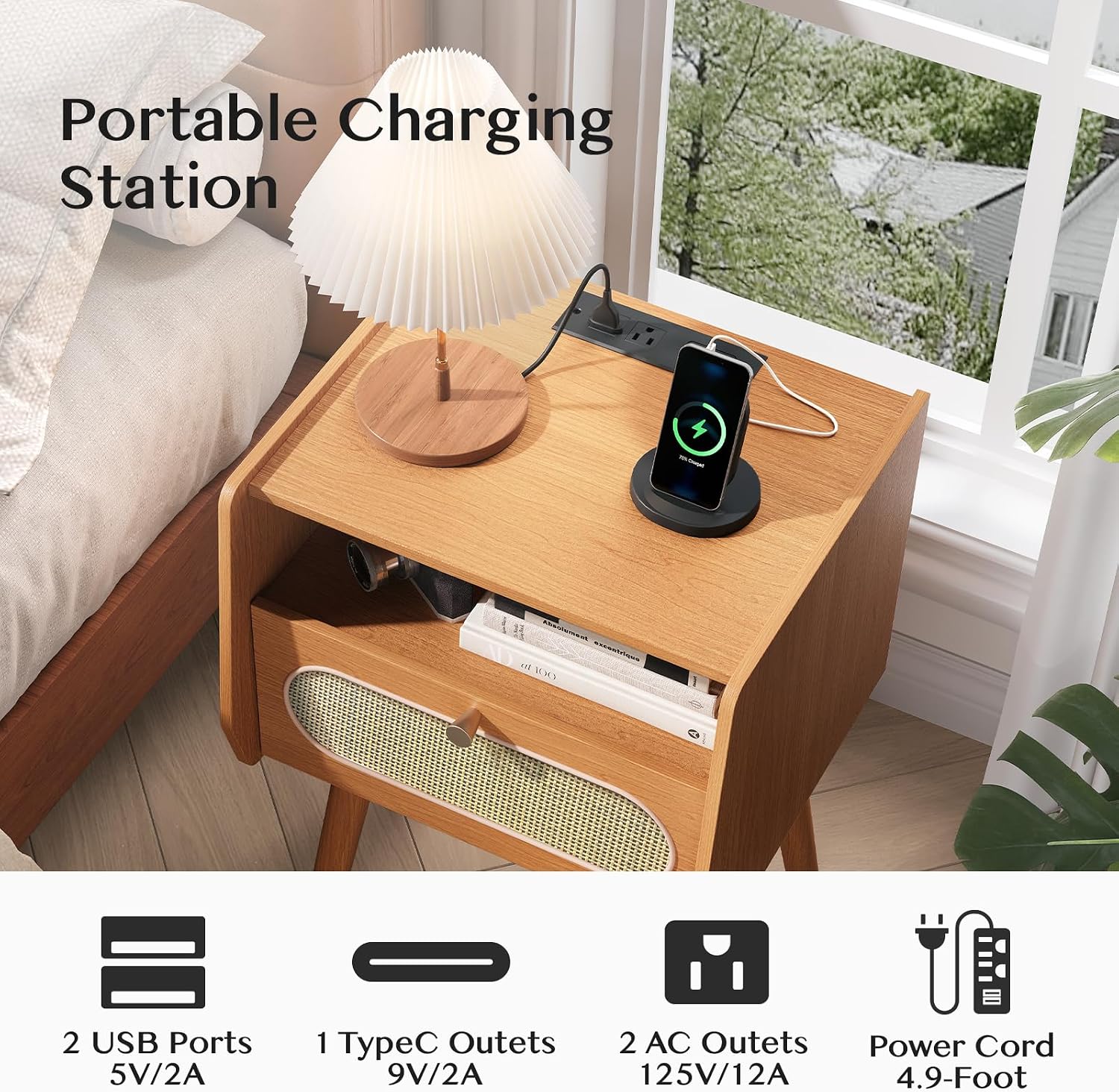 Nightstands Set of 2,Mid Century Modern Side Table with Charging Station & Rattan Drawer,Bedroom End Tables with Solid Wood Legs,Cherry