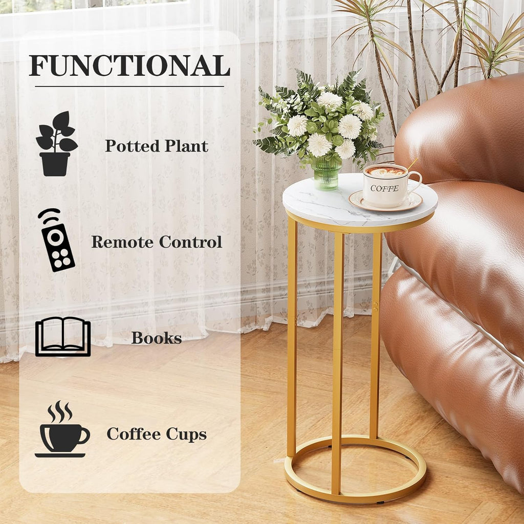 C Shaped End Table, Couch Side Tables for Living Room, Round Sofa End Table with Metal Frame, Small Wooden Snack Table for Bedroom, Small Spaces, Easy Assembly (Gold,2pcs)