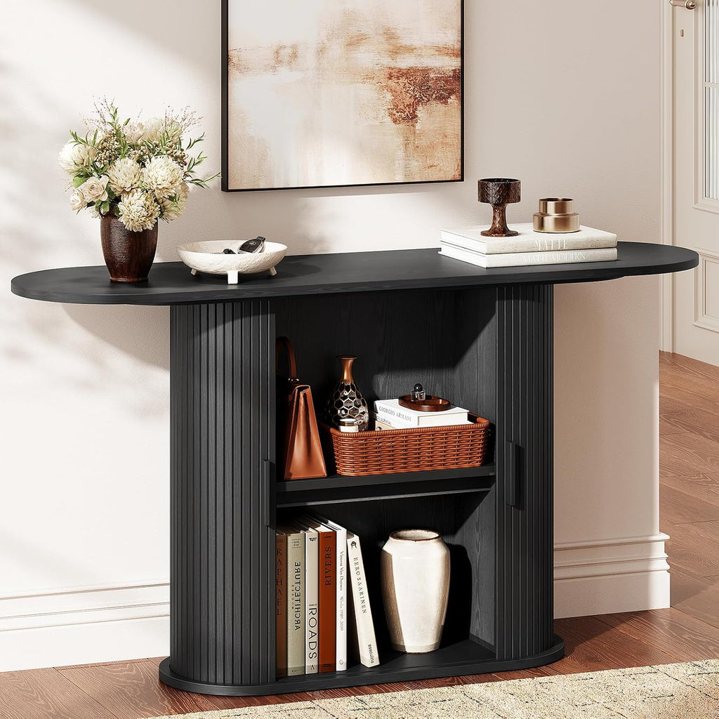 55 Inch Console Table with Storage, Fluted Entryway Tables with Sliding Doors, Sofa Table Behind The Couch, Hallway Tables, Mid-Century Modern Foyer Table for Entryway, Hallway, Living Room, Black