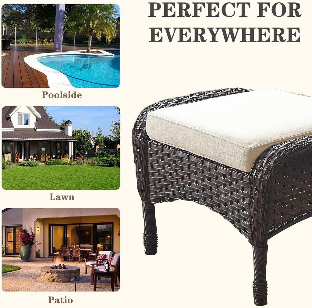Belord Outdoor Ottomans for Patio Foot Rest - 25 Inch PE Wicker Foot Stool Set of 2 with Removable Cushions for Patio Furniture Sets,All Weather Rattan Ottoman for Balcony Deck Backyard Brown