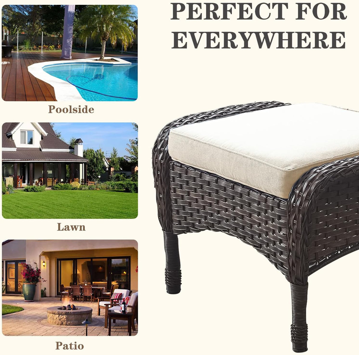Belord Outdoor Ottomans for Patio Foot Rest - 25 Inch PE Wicker Foot Stool Set of 2 with Removable Cushions for Patio Furniture Sets,All Weather Rattan Ottoman for Balcony Deck Backyard Brown