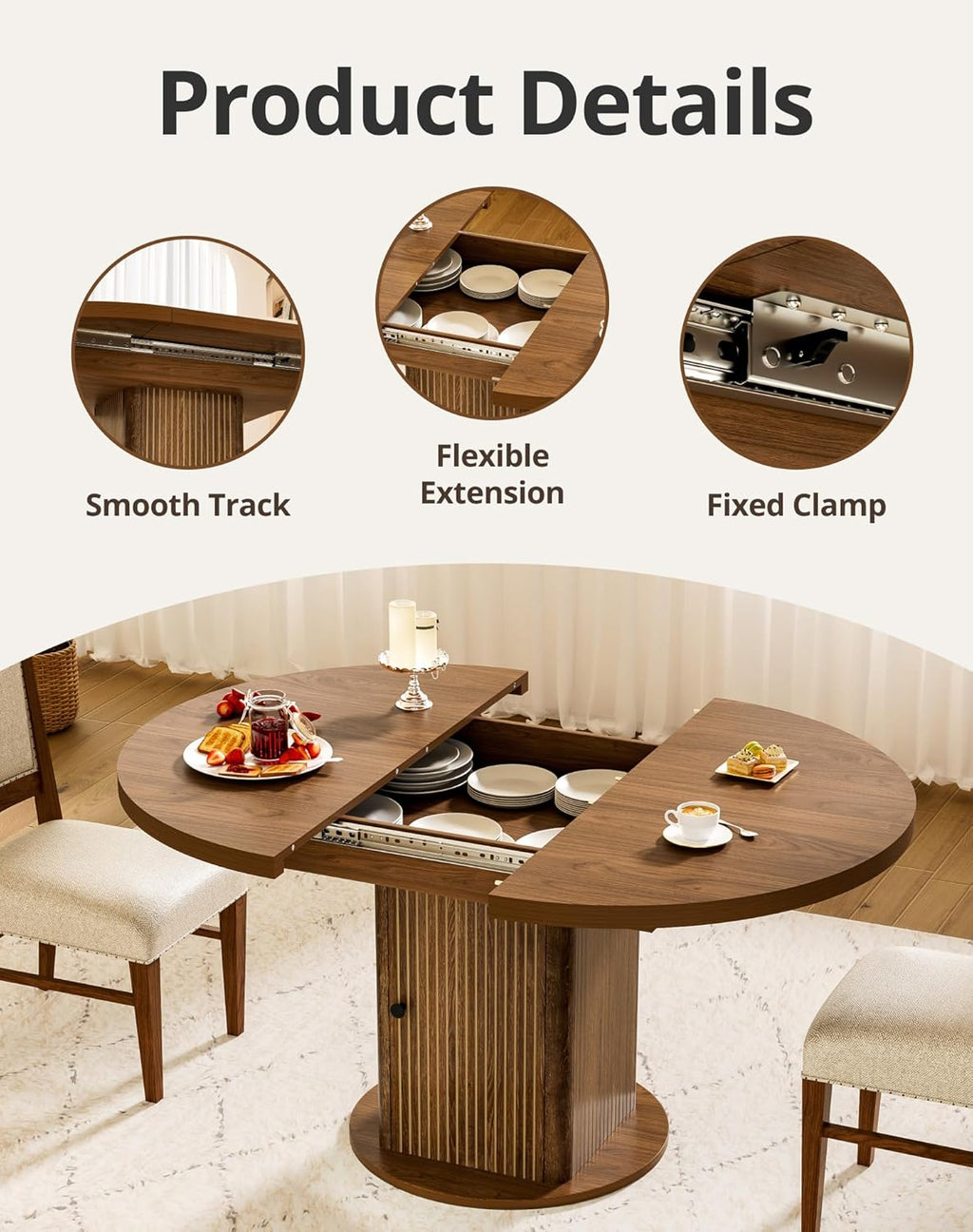 43"-59" Extendable Round Dining Table for 4-8 with Hidden Storage, Oval Dining Room Table with Removable Leaves, Modern Farmhouse Fluted Wood Kitchen Table for Living Room, Walnut