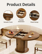 43"-59" Extendable Round Dining Table for 4-8 with Hidden Storage, Oval Dining Room Table with Removable Leaves, Modern Farmhouse Fluted Wood Kitchen Table for Living Room, Walnut