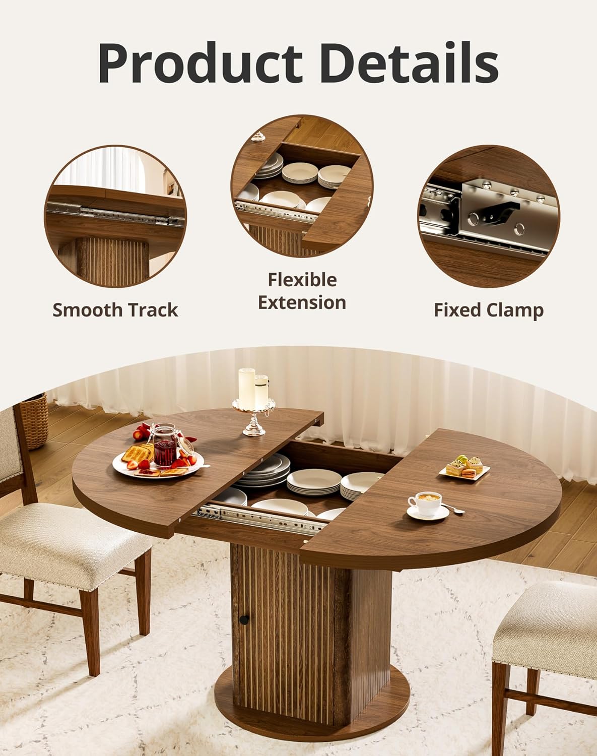 43"-59" Extendable Round Dining Table for 4-8 with Hidden Storage, Oval Dining Room Table with Removable Leaves, Modern Farmhouse Fluted Wood Kitchen Table for Living Room, Walnut