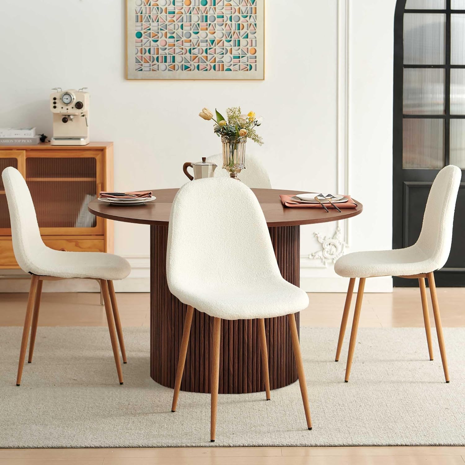 Dining Table Set for 4, Mid Century Modern 47 Inch Wooden Round Dining Table Set, Space Saving (Table + 4 White Chairs)