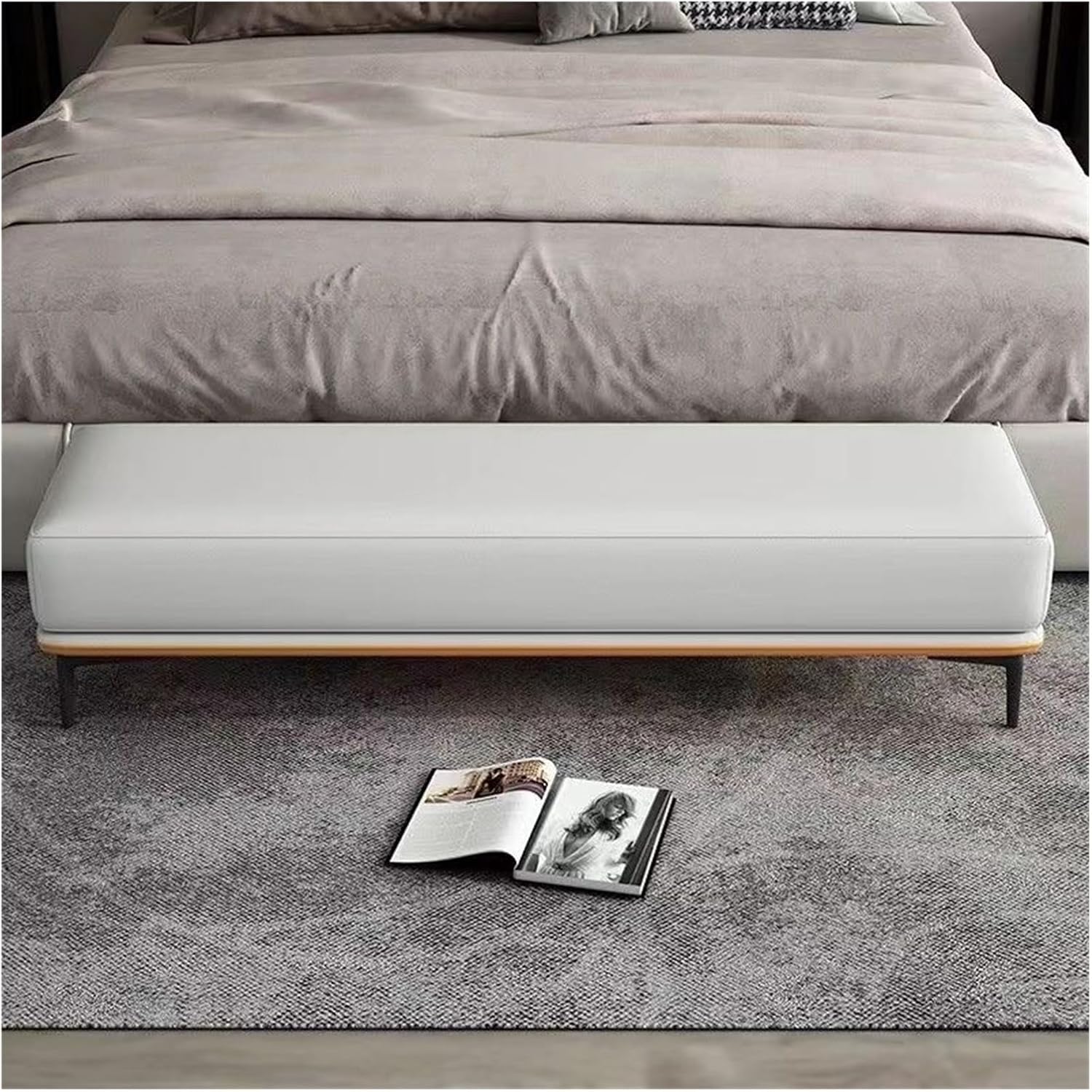 Modern Bedroom Bench, PU Leather Entrance, Upholstered Bed Stool with Metal Legs, for Living Room, Foyer, Dining, Bedrooms Entryway(150 * 50 * 40cm)