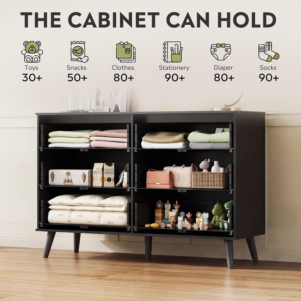 6-Drawer Moden TV Stand | Tall TV Console with Sturdy Metal Handles for Living Room，Black