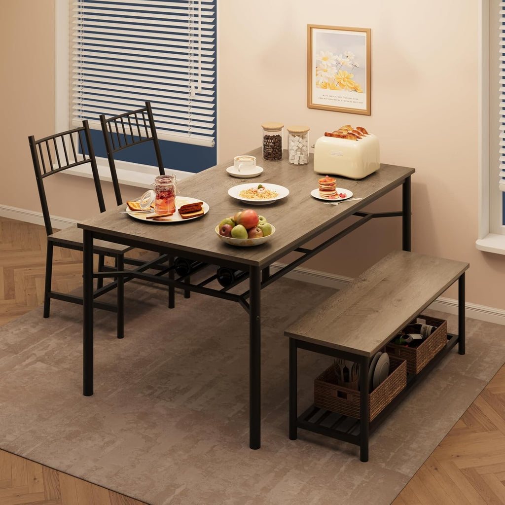 Garvee Dining Table Set for 4 with Bench and Chairs, 4-Piece Kitchen Table Set with Storage – Space-Saving Dining Table for Apartments and Dining Rooms, Gray