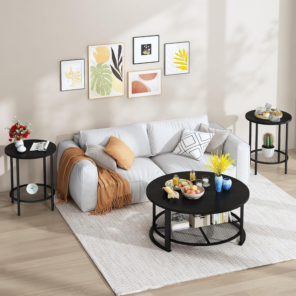DKLGG 3-Piece Coffee Table and End Table Sets for Living Room, Round Coffee Table Set of 3 with Storage, Modern Farmhouse Rustic Living Room Table Set for Apartment Home Office, Black