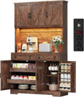 ELYKEN 71" Kitchen Pantry Storage Cabinet with Outlet & LED Lights, Brown
